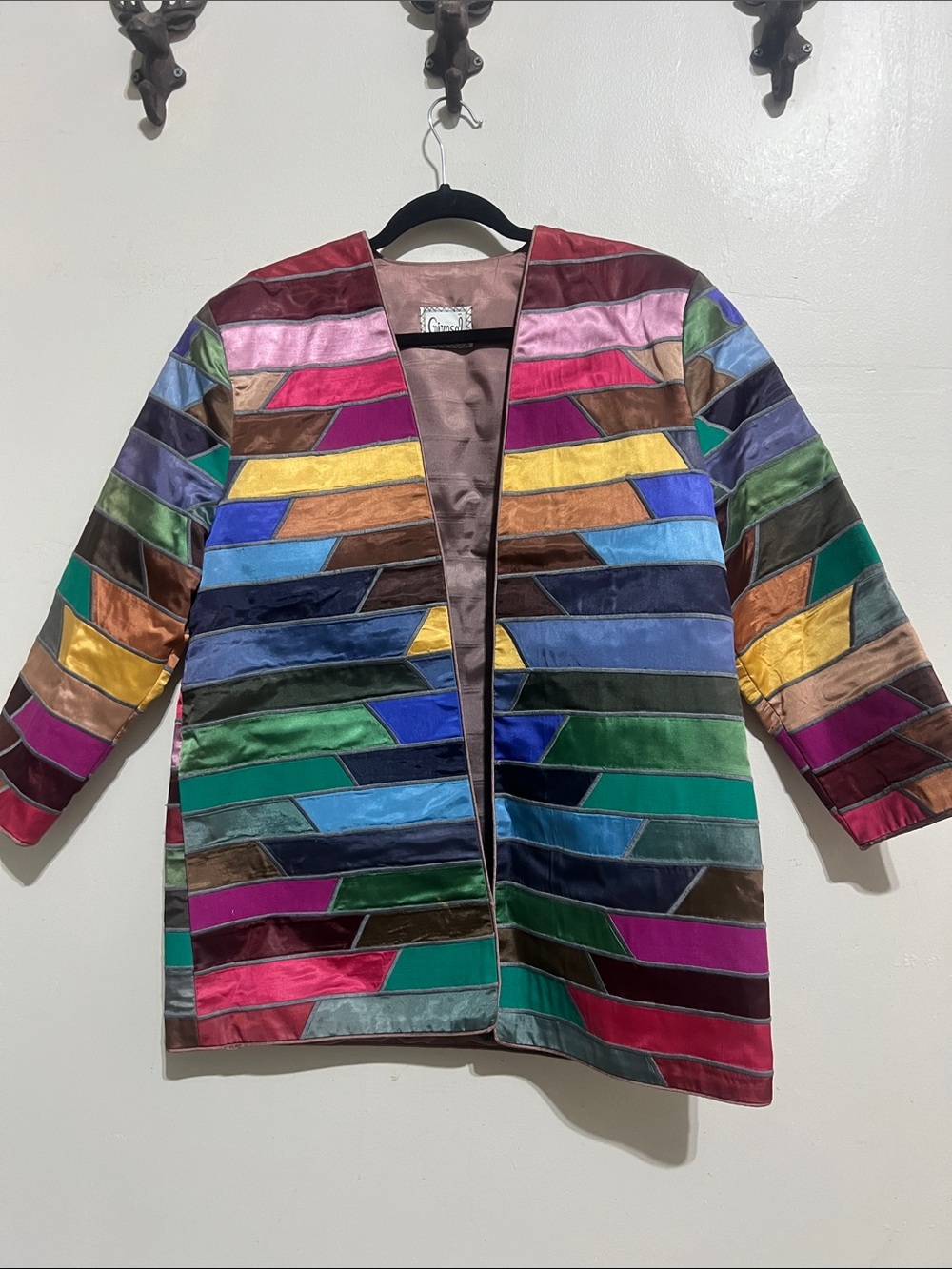 Vintage 70s Girasol Colorblock Satin Open Blazer Rainbow Multicolor Patchwork M